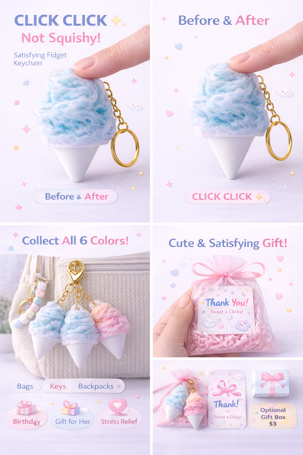 Cotton Candy Clicker Keychain – ASMR Fidget Toy, Kawaii Bag Charm, Anxiety Relief Clicker