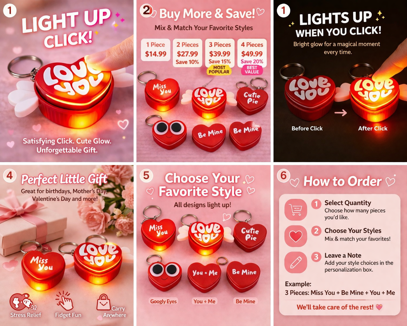 Light Up Heart Clicker Keychain, Stress Relief Fidget Toy, Sensory Accessory