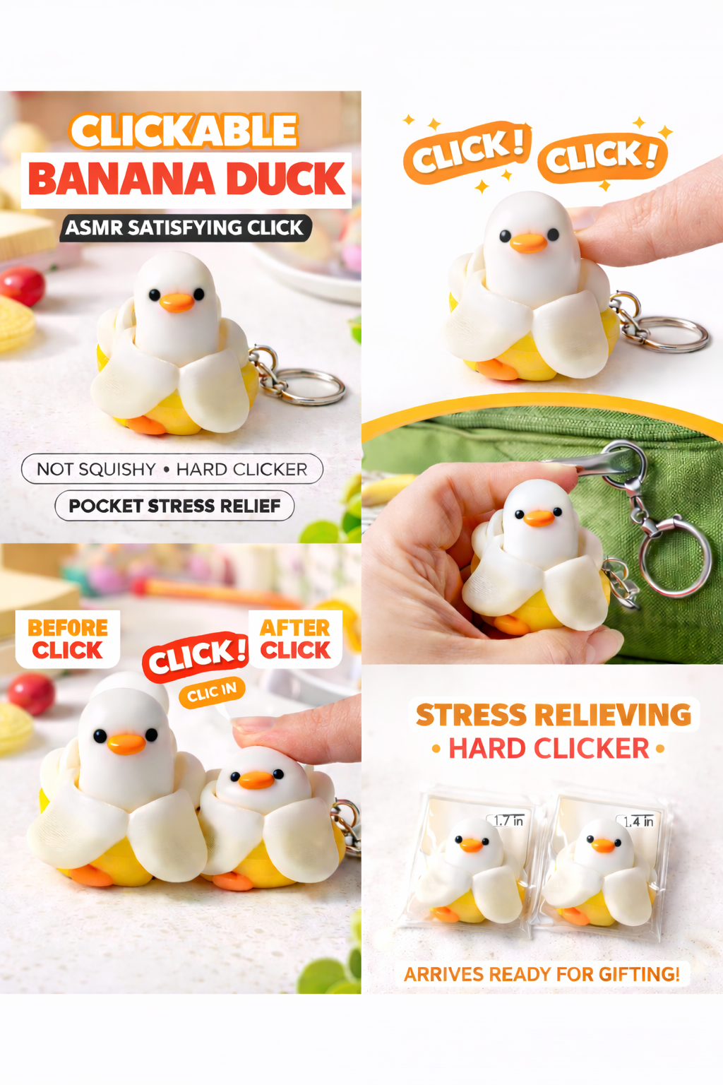 🐤Clickable Banana Duck Keychain, ASMR Fidget Toy, Stress Relief, ADHD Anxiety Desk Toy