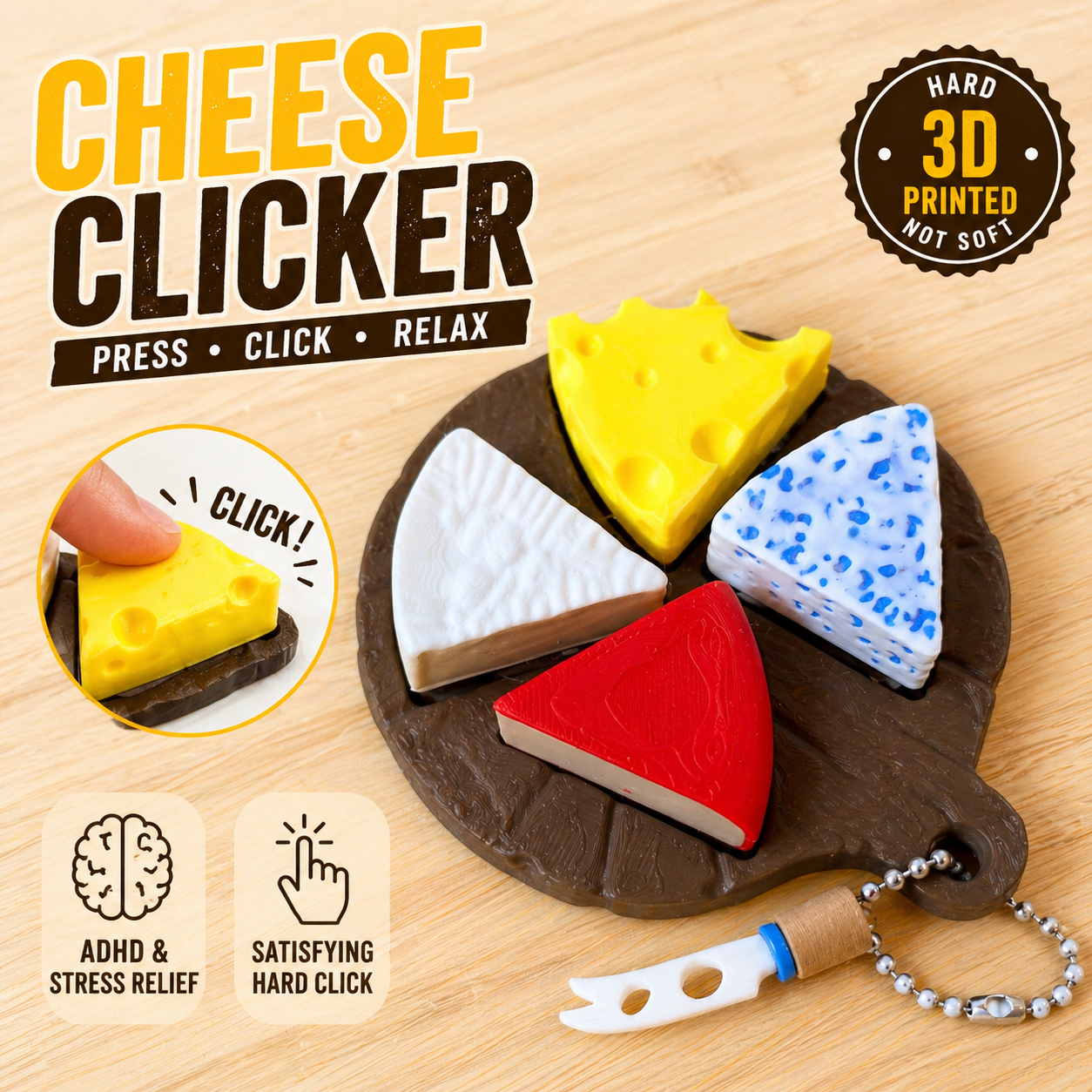 Cheese Clicker Keychain – ASMR Fidget Toy, Stress Relief, Hard Clicker