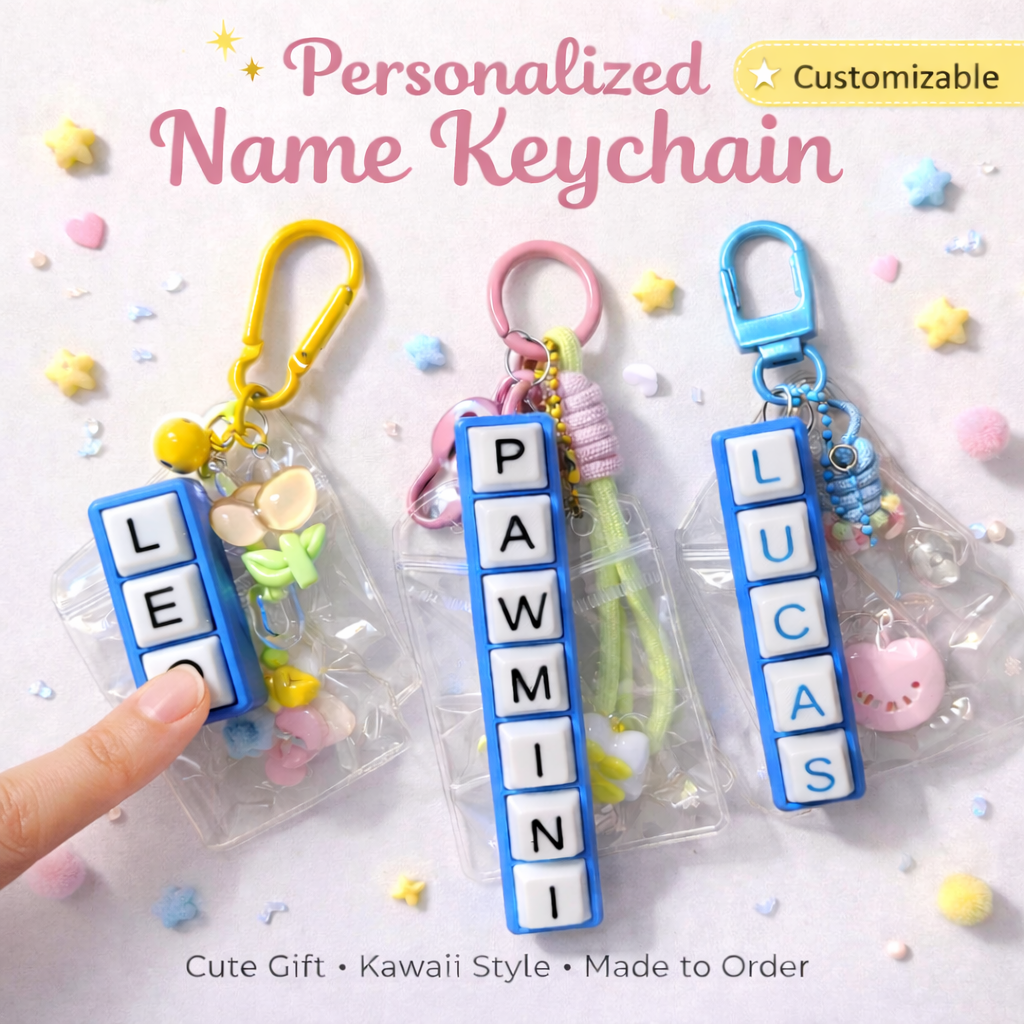 Clickable Name Keychain – Custom Fidget Key Tag, Personalized Gift, ASMR Clicker Toy, Kawaii Bag Charm