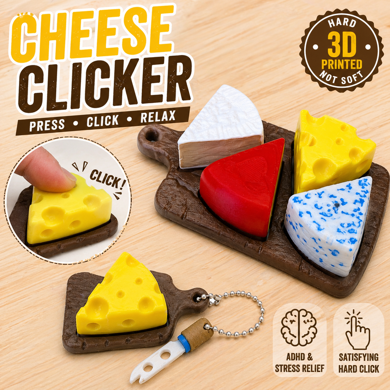 Cheese Clicker Keychain – ASMR Fidget Toy, Stress Relief, Hard Clicker